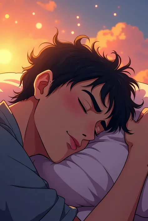 masterpiece, the highest quality, FilmeSteel, 1 man, black hair, Damon Salvatore, webtoon style, floating in the sky, close up, shine, happiness, Warm and soft lighting, sunset, sleeping, Sleep on your stomach, sleep, eyes closed. (sparks:0.7)
