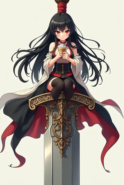 Tsundere black-haired girl，Wearing a Chinese skirt，Arrogant expression，Holding milk tea。Sitting on a huge long sword