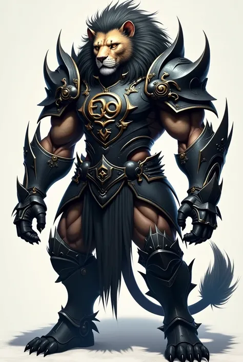 White humanoid monstrous lion wearing an dark armour with the letters E Q F on the chest. The armour is on berserker anime style. 