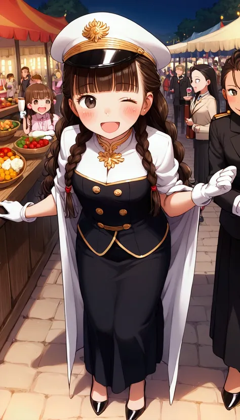 {Best Quality}, {Very beautiful},{Ultra fine},{Best illustration},Brown Hair,Hime cut,Long Hair,Braids,Standing Woman,Woman guarding,Adult women,smile,Excited face,Wink,Uniform cap,White Shirt,long black skirt,White gloves,Around town,festival,Blushing,Sle...