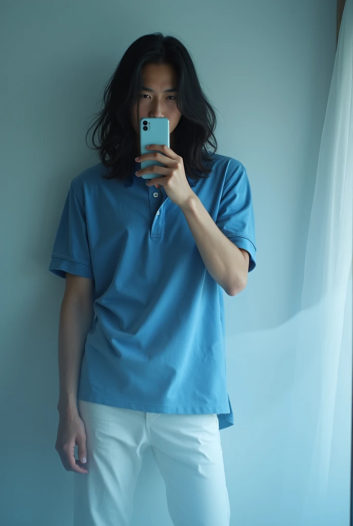 (A photo of a beautiful korean boy  with  long black  hair . With big mirror taking pictures of him self using cellphone and his front of the bed room and  he is wearing in a blue and white polo and white  pants outfit. The  The scene is further enhanced b...