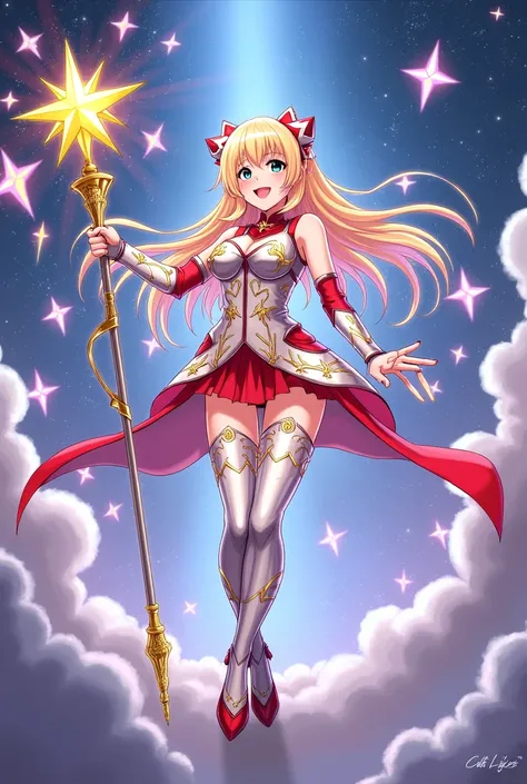 As Cure Nova, her outfit features a blend of silver and red, adorned with star-like designs and flowing starlight elements. She wields a cosmic-themed staff that enhances her star-based attacks, The red accents in her outfit symbolize the fiery energy of s...