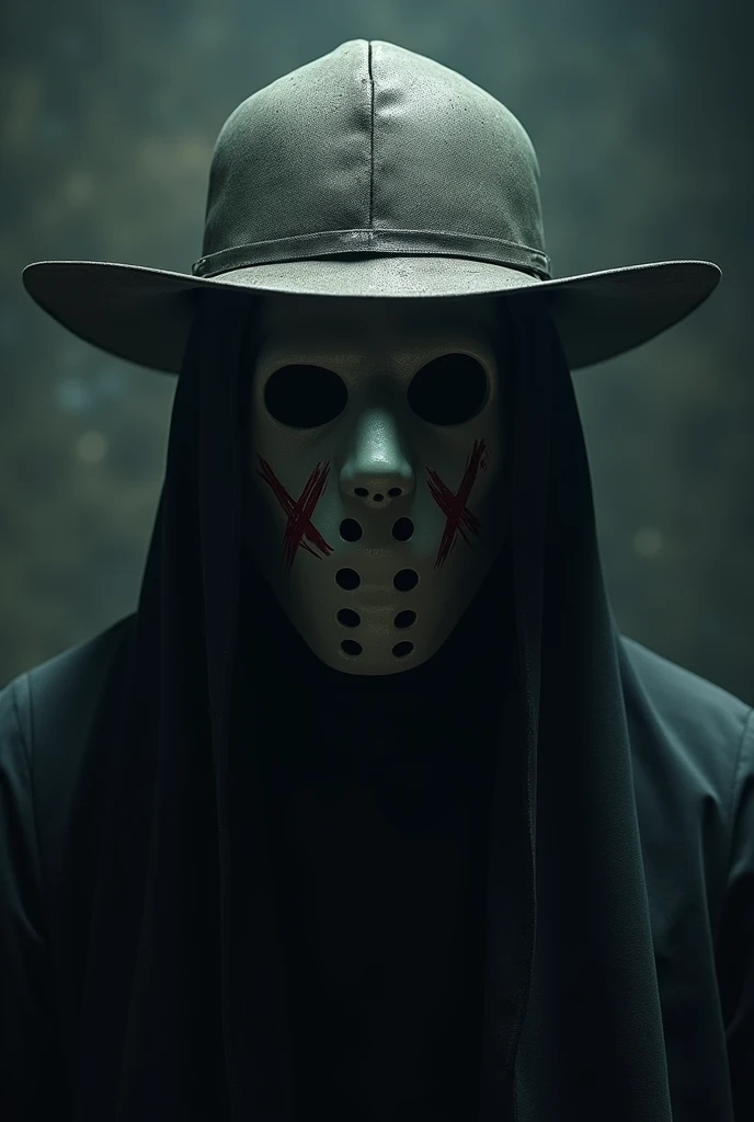 Horror character similar to Jason,mask without holes,The mask has a smile-shaped mouth.,an x on the left side of the mask and another x on the right side.hat made of metal.