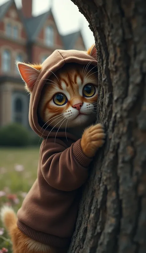 create an image of cubby female brown cat weaing hoddy seeing behind tree with teras in her eyes standing in outside school building