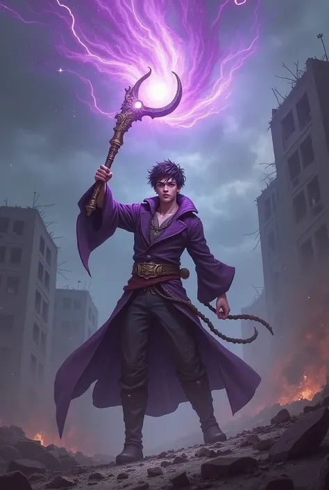 a young male character involved with magic releasing a purple aura with a giant magic wand with a half moon on the tip and a white ball in the middle in a landscape of destruction