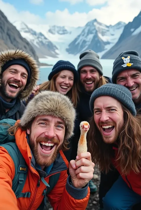 A 6 man from a mountaineering club took a selfie holding a chicken leg and wearing a rabbit sticker.