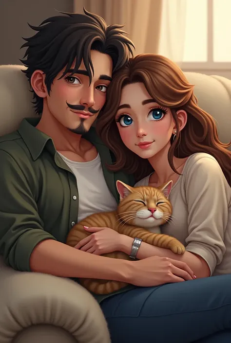 Un homme brun aux yeux noirs avec une moustache et un bouc et une femme châtain aux yeux bleus sont installés sur un canapé, comme un couple. Un chat noir et blanc est allongé à côté deux