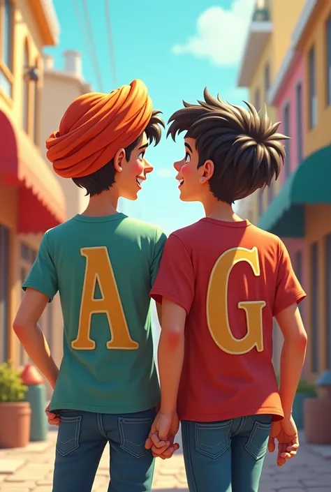 Two best friends handsome boys. One boy "sardar" and second boy "cutting hair". "Sardar" boy tshirt back side write "A". "Cutting hair" boy tshirt back side write "G"