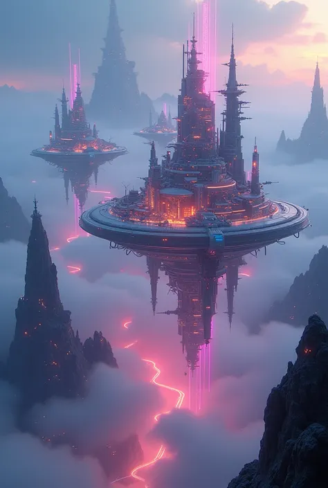 stunning digital art,surreal landscape,futuristic city,floating islands,glowing neon lights,advanced technology,ethereal atmosphere,radiant colors,dramatic lighting,vibrant details,intricate structures,imaginative design,cinematic composition,photorealisti...