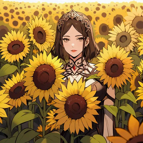 A high resolution yellow sunflower, in a field full of red roses with a sign that says "Nahomi Requena"