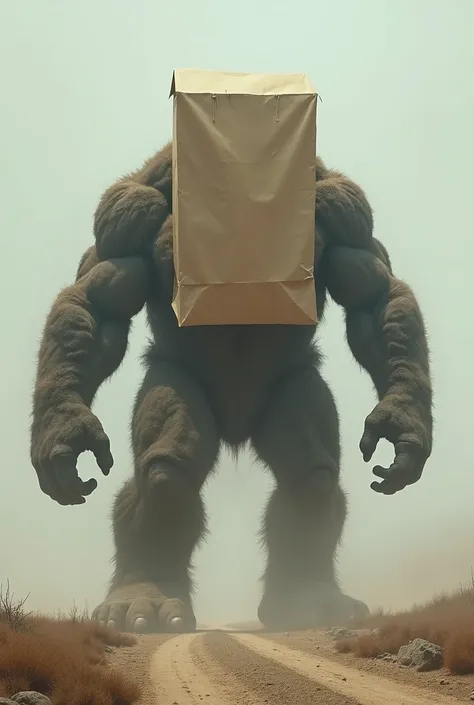 A big monster hiding his face with a paperbag stomping