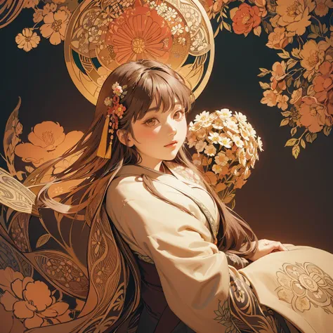 Alphonse Mucha style, unreal world, high detail illustration, Design an illustration of a young woman in a traditional Japanese kimono adorned with detailed floral embroidery. She is surrounded by a tapestry-like background of blooming flowers, evoking the...