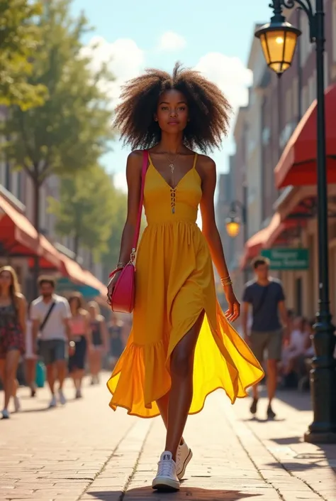 1 character, 1 Indonesian girl, thick curly hair to her ears, wearing a tight yellow dress with loose bottoms, wearing white Allstars shoes, small pink sling bag, walking on a busy sidewalk, Amsterdam city atmosphere