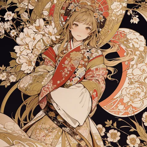 Alphonse Mucha style, unreal world, high detail illustration, Design an illustration of a young woman in a traditional Japanese kimono adorned with detailed floral embroidery. She is surrounded by a tapestry-like background of blooming flowers, evoking the...