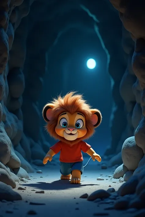 A Pixar cartoon style cute lion cub, large and fluffy mane ball, big blue eyes, red t-shirt and blue," The lion cub cautiously walks inside the cave, which is dark and cold. He hears strange whispers, and the walls of the cave seem to echo those sounds. Th...