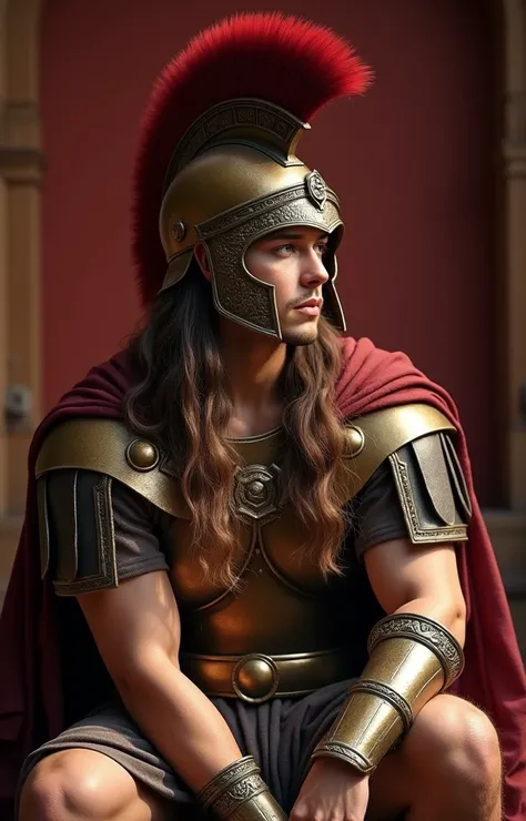 Wearing Roman-style armor, with long, wavy hair flowing down, complemented by a striking bronze helmet with a red plume, sitting in a relaxed pose, gazing into the distance. The background features a warm, reddish tone that enhances the historical ambiance...