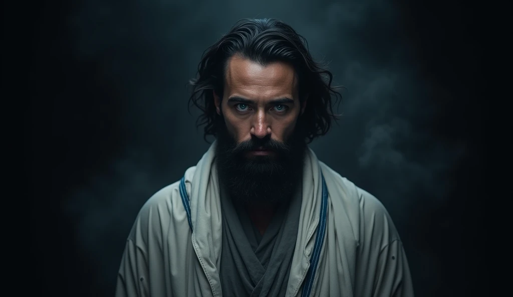 dark man, with black beard, medium black hair, around 30 years, he is wearing gray sackcloth clothes, is wearing a white tallit with blue stripes on his head, he is looking at the camera, he has dark blue eyes. Black background with fog.