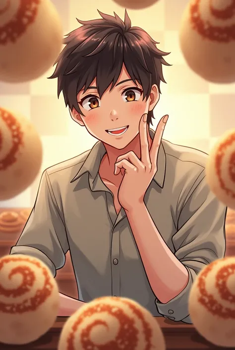 1 man, Anime , Finger poking cheek , There are steamed buns. , handsome,smile, 