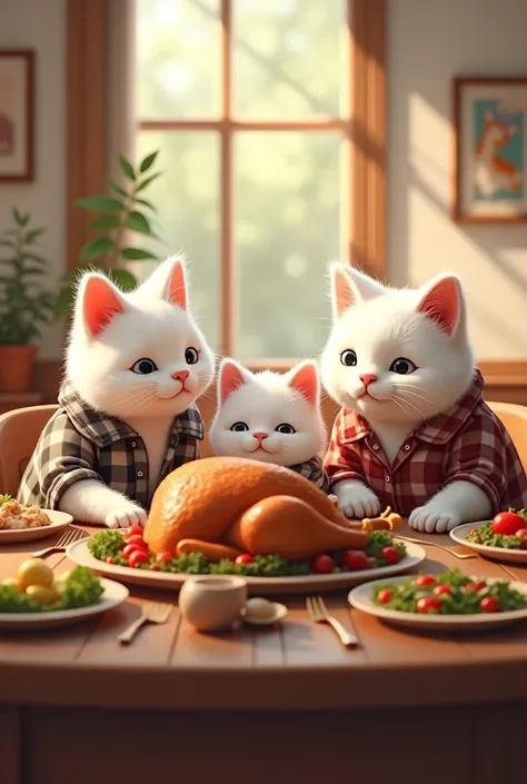 A happy family of three white cats is seated around a dinner table. They are dressed casually, with the two adult cats in plaid shirts and a smaller, child-like cat between them. The scene has a warm, cozy atmosphere, with a large roasted turkey as the cen...