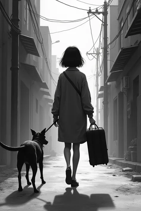 A drawing of a girl with her back turned with a suitcase and a dog with her back turned on a street in black and white
