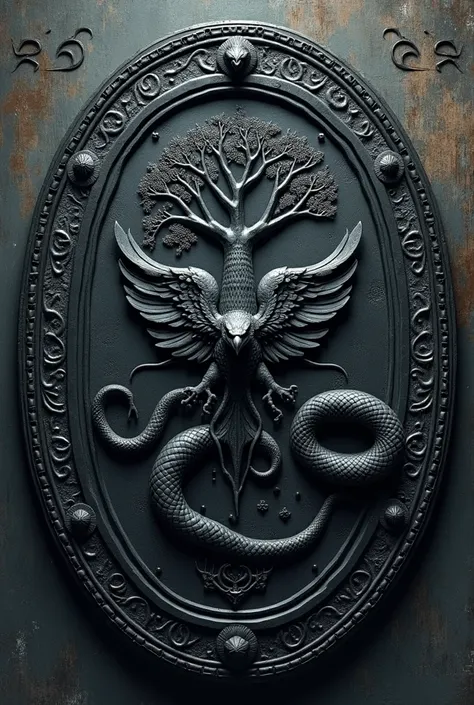 coat of arms, The circle shape is made of black metal., Viking art,Viking artโบราณ, On the front of the shield are the images of an eagle, a magical tree and a giant serpent., A giant snake coils around the edge of the circle., The edges are decorated with...