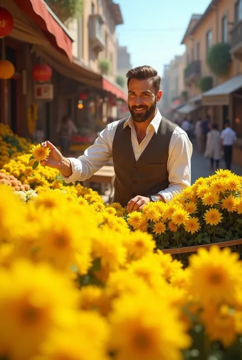 Man buying many bouquets of yellow flowers