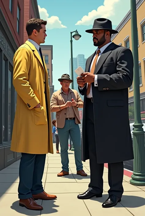 the same characters, except for the man in the yellow lab coat, They are on the sidewalk of a street, and the man in the black suit and black hat, He wants to return the check to the robust pimp