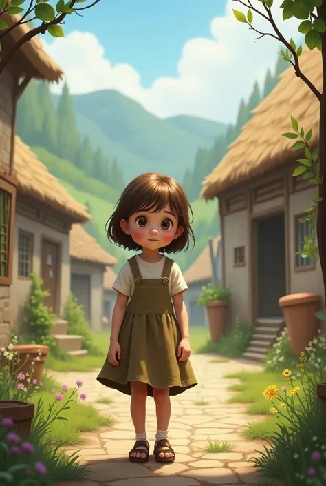 Young girl in a village, with a general plan 