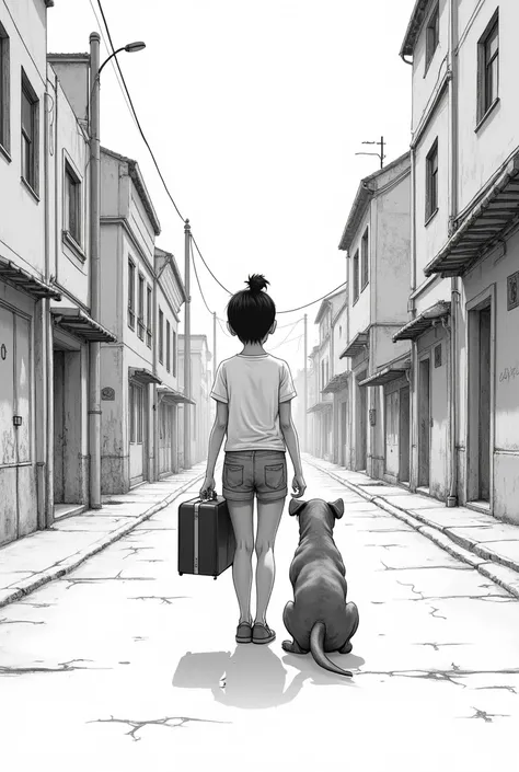 A realistic drawing of a girl with her back turned with a suitcase and a dog with her back turned on a street in black and white
