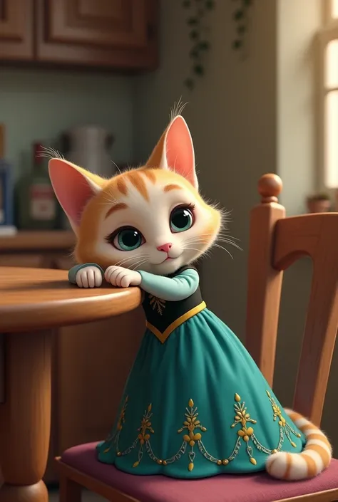 Make a tall and smart cartoon cat wearing anna dress from frozen. She is resting her head on the table 