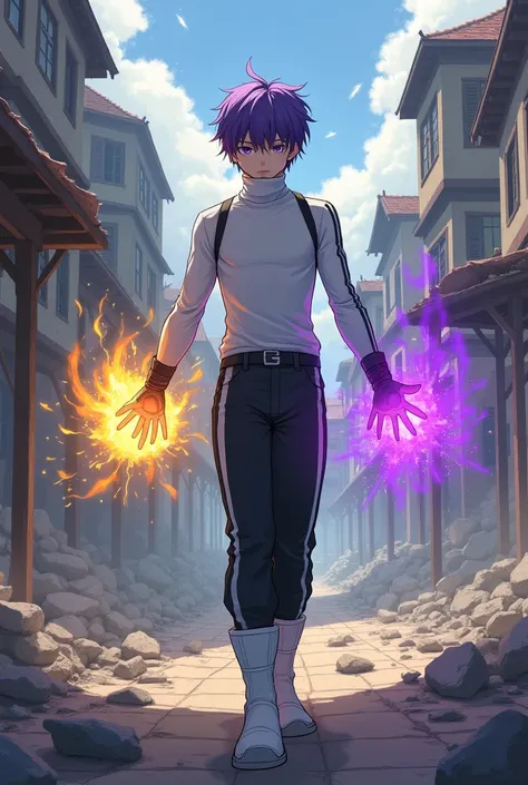 I am a anime boy, 190 cm tall, thin but fit build, with a beautiful appearance, and a very tired, unrealistically serious and confident face, with short purple hair and different shades of violet eyes, walking through a destroyed medieval fantasy city, dre...