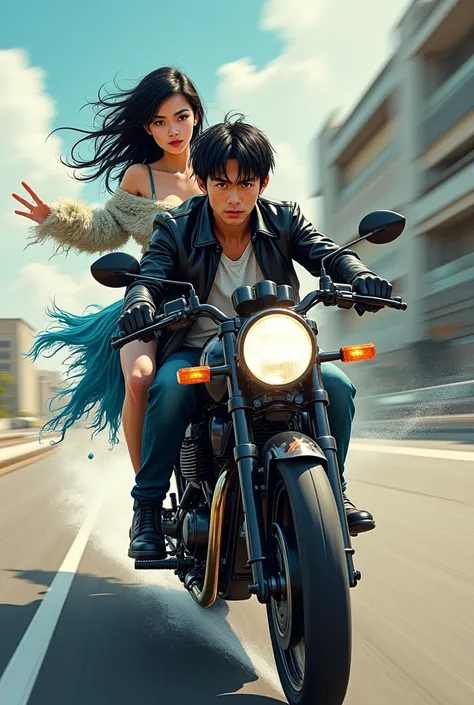 Asian guy with black hair in leather jacket and girl with dark hair and blue eyes in blue fluffy ragged dress riding fashionable modern motorcycle very fast in drawing style