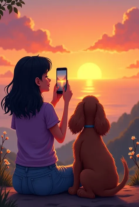 Realistic cartoon image of a woman with shoulder length hair, wavy black, She has a purple t-shirt and jeans, He is with his dog, Brown Cocker., They both look at the sunset and she takes a photo with her cell phone. Both are sitting watching the sunset