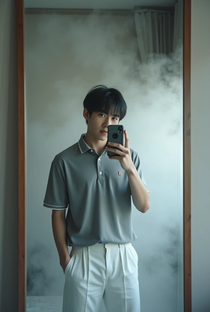 (A photo of a beautiful korean boy  with  low taper black  hair . With big mirror taking pictures of him self using cellphone and his front of the bed room and  he is wearing in a gray and white polo and white  pants outfit. The  The scene is further enhan...