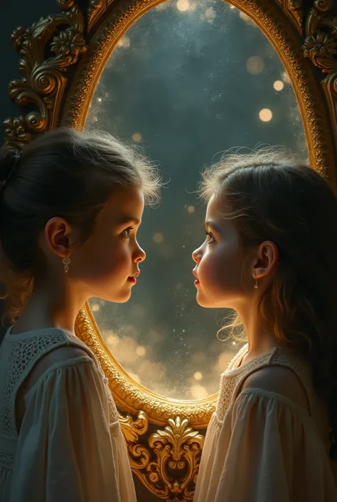 children looking at the mirror and the reflection God
"mirror, mirror on the wall, I look like God?"