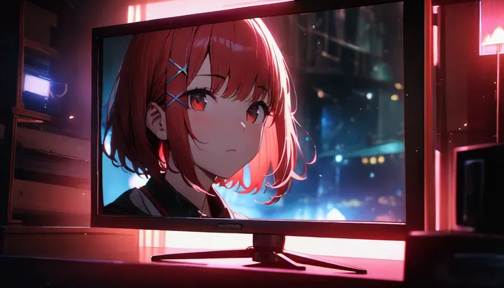 Short Hair, (Red Hair:1.2), X Hair Ornament, Red Eyes,One person,Best Quality, masterpiece, High resolution,highest quality, intricate details, (cinematic lighting), RAW photo, 8k ,high definition detail、indoor、tv setGameをやっている、tv set、Game