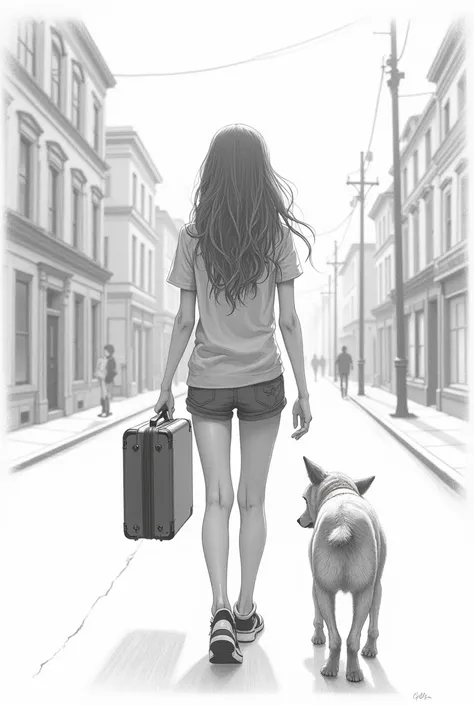 A realistic pencil drawing of a girl from behind with a suitcase and a dog from behind on a street in black and white
