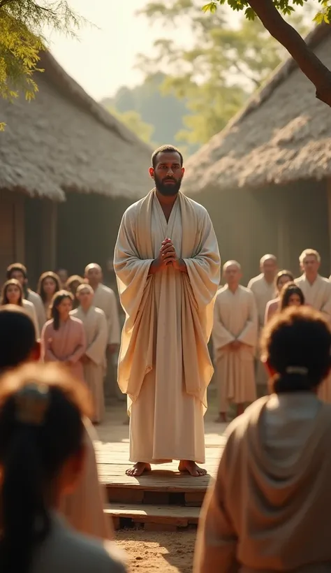 Image of a 30 year man saint standing on stage in village and telling something