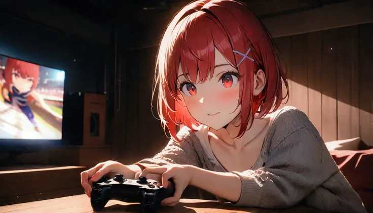 Short Hair, (Red Hair:1.2), X Hair Ornament, Red Eyes,One person,Best Quality, masterpiece, High resolution,highest quality, intricate details, (cinematic lighting), RAW photo, 8k ,high definition detail、indoor、tv setGameをやっている、tv set、Game、controller、Gamer