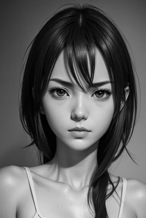 Misaka attack on titans .eastetic symmetrical face , extra thin skin. perfect female illustration, thin eyebrows, thick lips.very realistic manga style black and white 