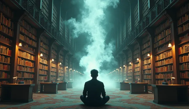 An individual sits in a library, surrounded by towering bookshelves. As they read, ethereal figures emerge from the books, representing new ideas and self-discovery. The room gradually transitions from dark to light. Photorealistic details on books, furnit...