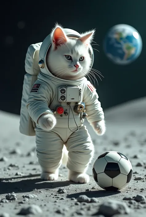 A realistic white cat with astronaut costume playing football in moon