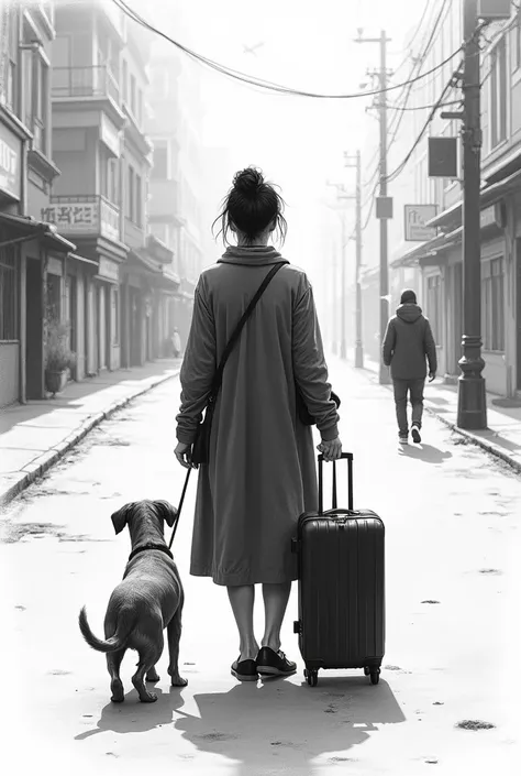 A realistic dark pencil drawing of a woman from behind with a suitcase and a dog from behind on a street in black and white
