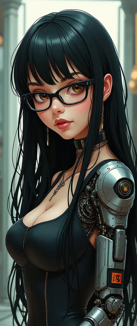 Kittana long black hair with bangs. Brown eyes. Rayban frame eyeglasses. Version cyborg. A mechanized arm. masterpiece. Vector art. high quality. premier. Inspired by Tim Burton. 