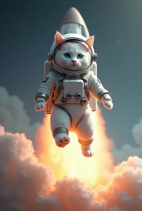 A realistic white cat with astronaut costume landing from rocket