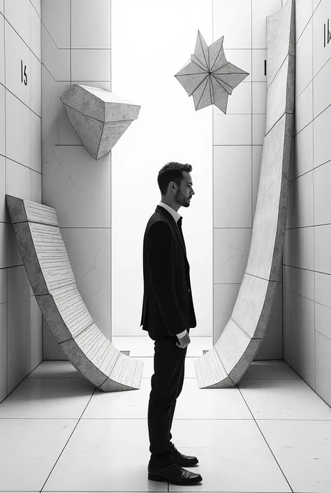 a black and white image of a man working alone lost in his thoughts with optical illusions with geometric shapes 
