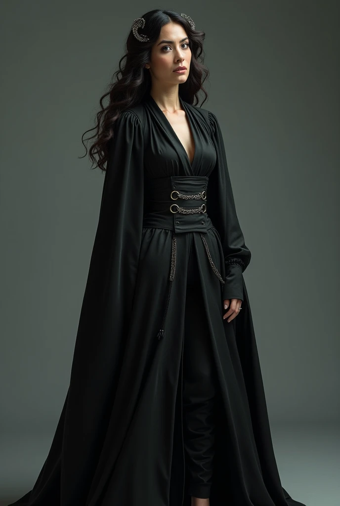 
An elegant woman, a Harry Potter OC, a French one, dressed elegantly matched with a pair of stilettos, a hint of warrior(ness) behind the elegant attire. An innocent expression, yet a sharp gaze. Deep raven hair (a little wavy), grey eyes.

FULL BODY FROM...