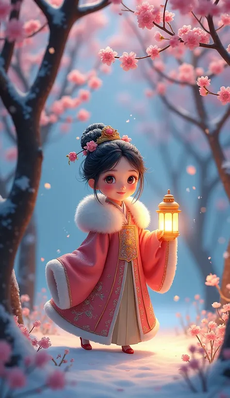 Cartoon Asian traditional peach blossom forest with white snow falling under the night sky,Cute cute girl wearing sheep long wool cloak, elegant costume and gorgeous headdress。Big, bright eyes，Colorful clothing，Lots of details，The clothes have exquisite em...