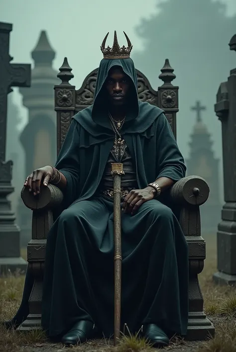 African male wearing black royal robe with hood covering half face sitting on a throne made of tombstone in a graveyard holding a scythe with a crown resting on it