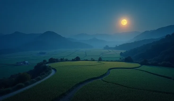 Bird&#39;s eye view,Night sky,The moon is very bright,The path in the rice fields is illuminated by the early moonlight,Clear and bright，Rice fields in autumn,The scenery is very beautiful，The autumn breeze is bleak，High altitude photography
